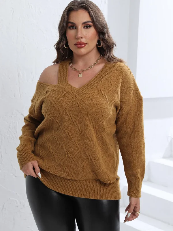 Plus Size Cutout V-Neck Sweater Terry Blend Velvet Blend Canvas Blend