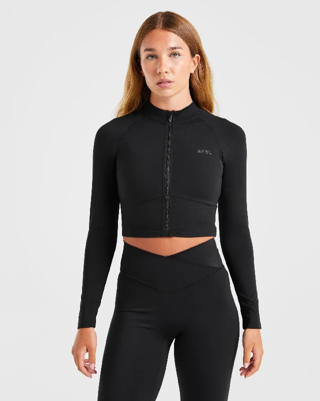 Sculpt Wrap Zip Up Jacket - Black Zippered Front Buttoned Front Snap Front