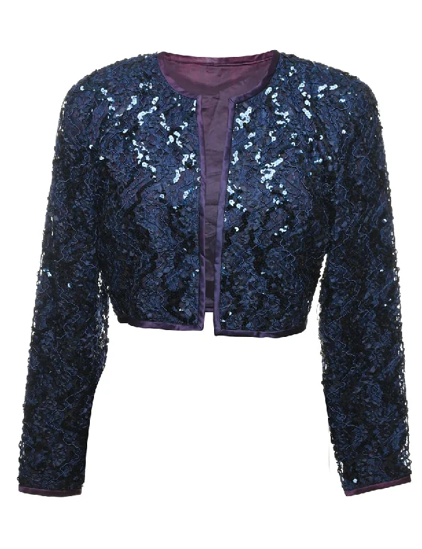 Navy Sequined Evening Jacket - M Notch Collar Peter Pan Collar Cowl Neck