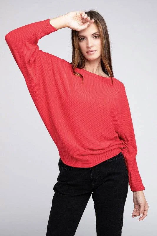 ZENANA Ribbed Batwing Long Sleeve Boat Neck Sweater Plaid Sweater Polka Dot Checkered