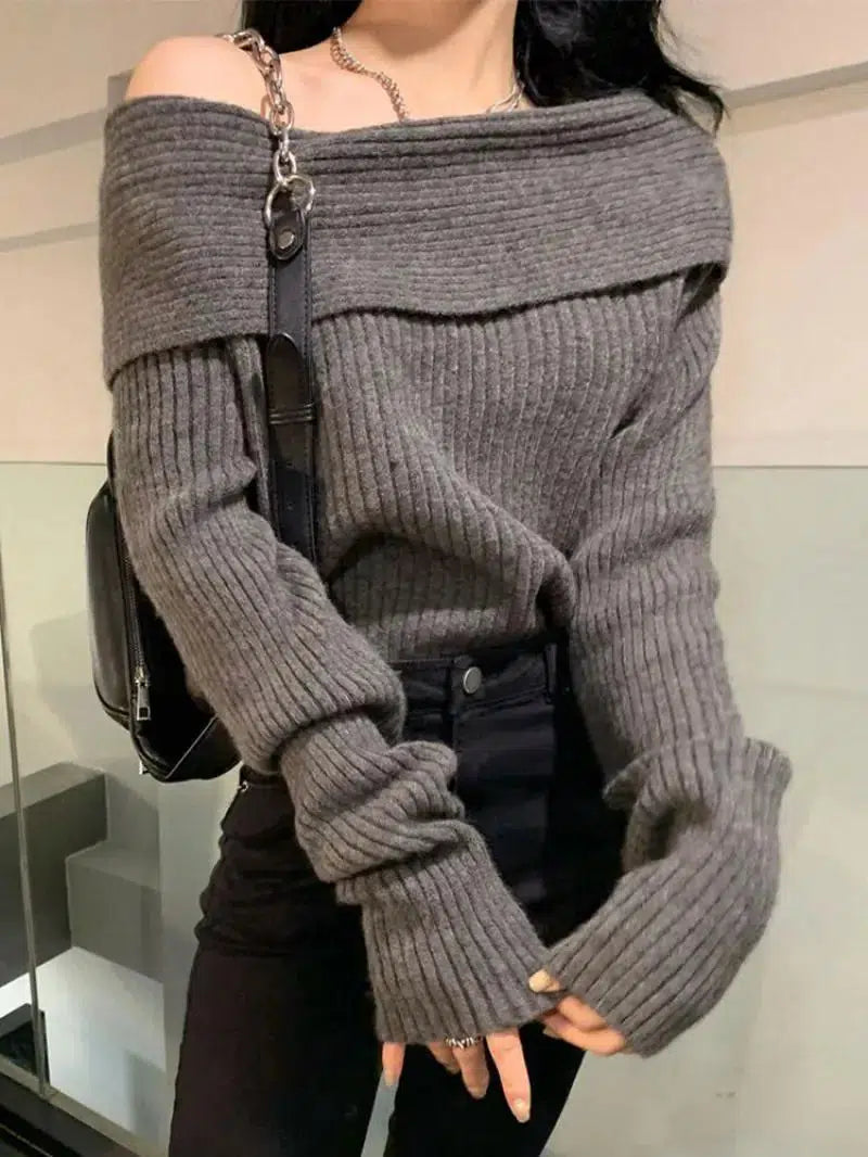 Casual Off Shoulder Knitted Sweater Ribbed Striped Patterned
