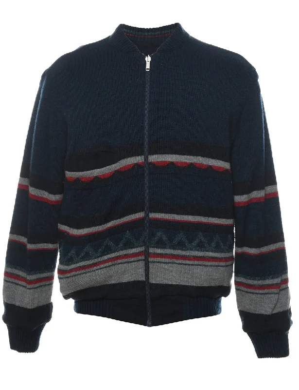 Navy, Red & Grey Patterned Zip-Front Jacket - L Zippered Jacket Buttoned Jacket Snapped Jacket Navy, Red & Grey Patterned Zip-Front Jacket - L Zippered Jacket Buttoned Jacket Snapped Jacket