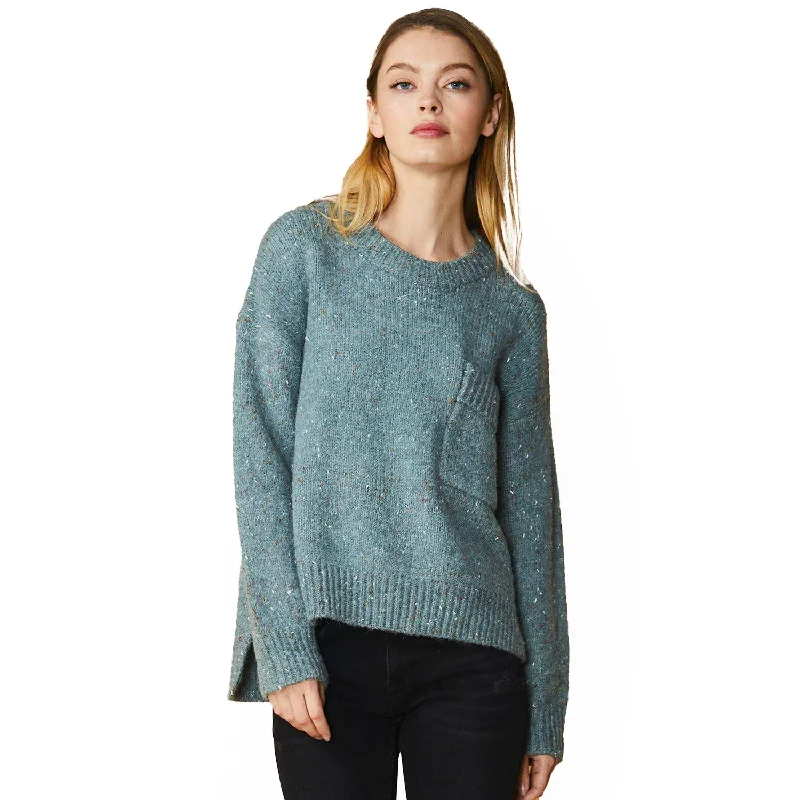 Women's Crewneck Pocket Front Sweater in Fall Sage Denim Fabric Leather Fabric Suede Fabric