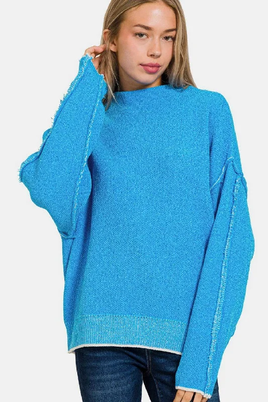 Zenana Exposed Seam Mock Neck Long Sleeve Sweater Mesh Sweater Canvas Denim