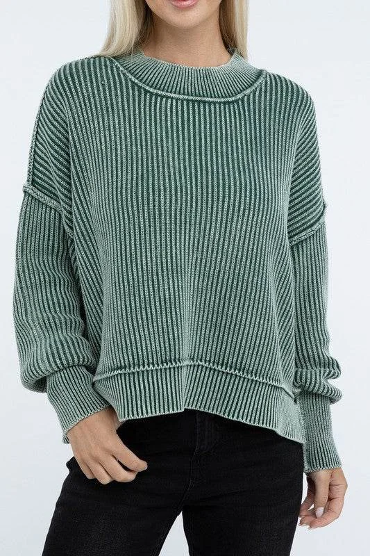 ZENANA Washed Side Slit Oversized Cropped Sweater Cable Knit Ribbed Knit Lace Knit