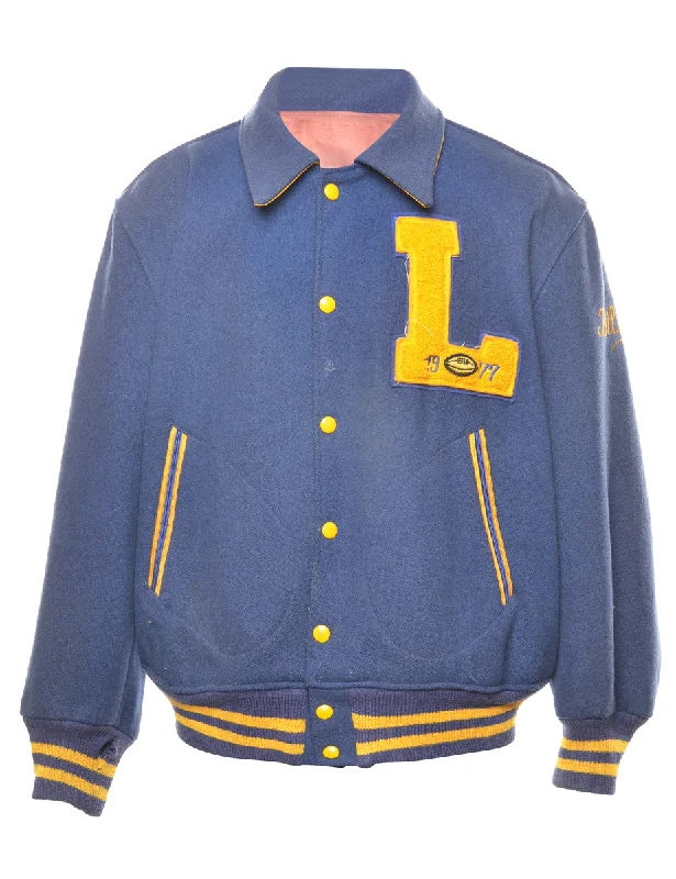 Navy & Yellow 1977 Letterman Varsity Jacket - L A-Line Jacket Boat Neck Shawl Collar Navy & Yellow 1977 Letterman Varsity Jacket - L A-Line Jacket Boat Neck Shawl Collar