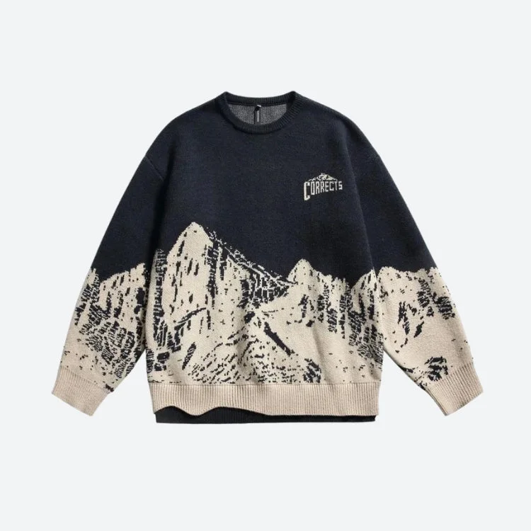 Vintage Mountain Knitted Sweater Front Pockets Side Pockets Patch Pockets