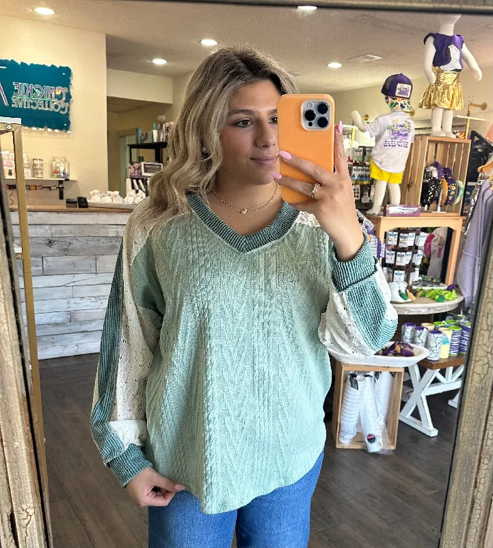 Lace-Embellished Cable Knit Sweater Modern Contemporary Chic