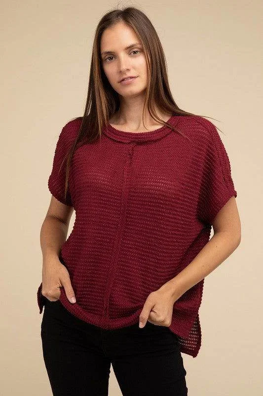 ZENANA Dolman Short Sleeve Jacquard Sweater Transparent Opaque Sheer