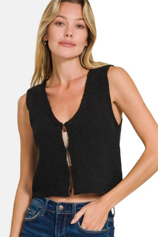 Zenana Hook and Eye Closure V-Neck Sweater Vest Fleece Sweater Nylon Polyester