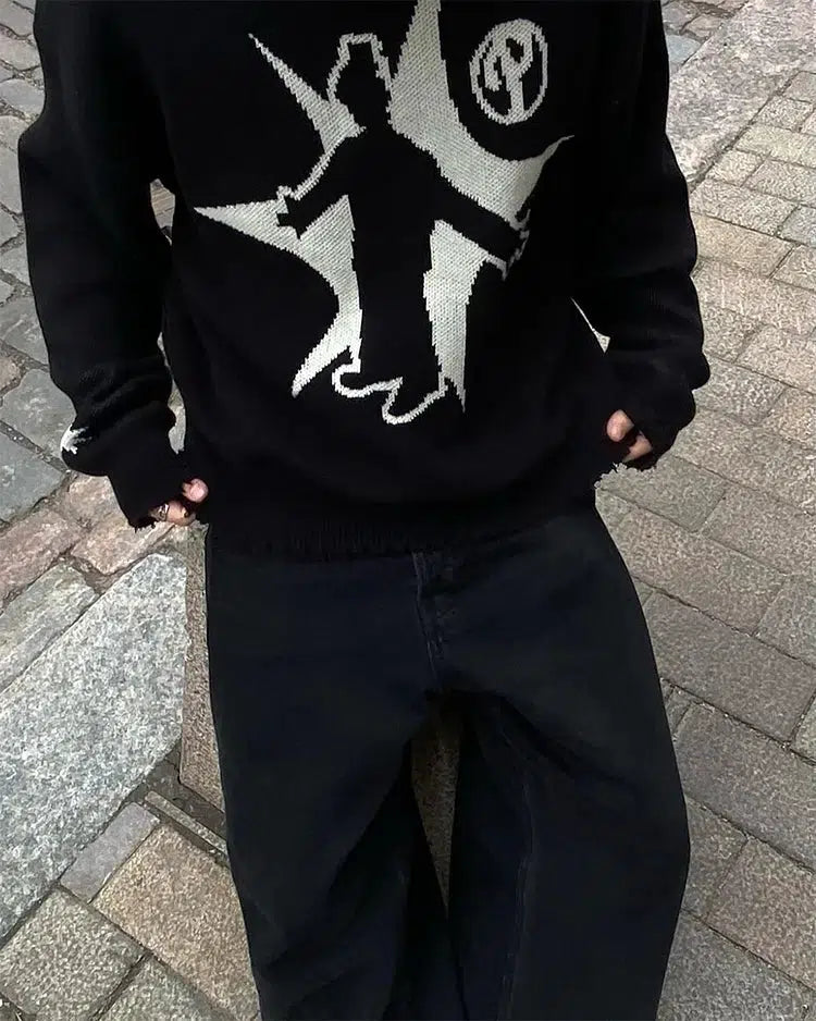 Grunge Starboy Distressed Knitted Sweater Beaded Sweater Sequined Faux Fur