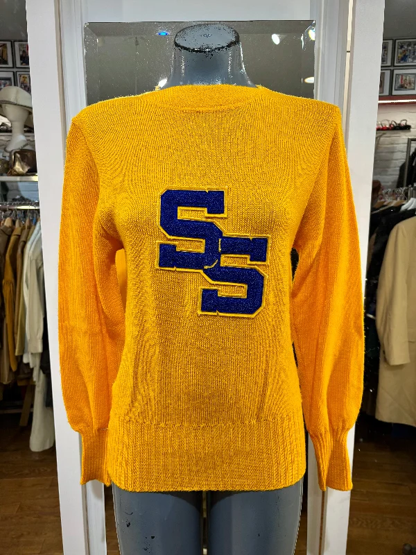 60’s Canary Yellow Letterman Sweater By Stadium Stretchy Elastic Breathable