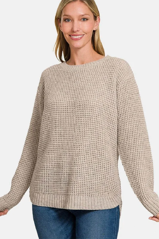 Zenana High Low Long Sleeve Waffle Sweater Soft Cozy Warm