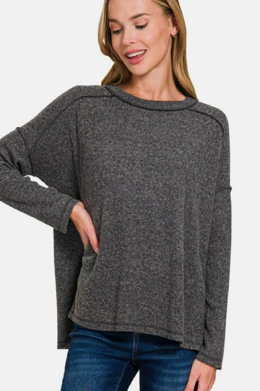 Zenana Exposed Seam Brushed Round Neck Sweater - Black Mesh Fabric Canvas Fabric Denim Fabric Zenana Exposed Seam Brushed Round Neck Sweater - Black Mesh Fabric Canvas Fabric Denim Fabric