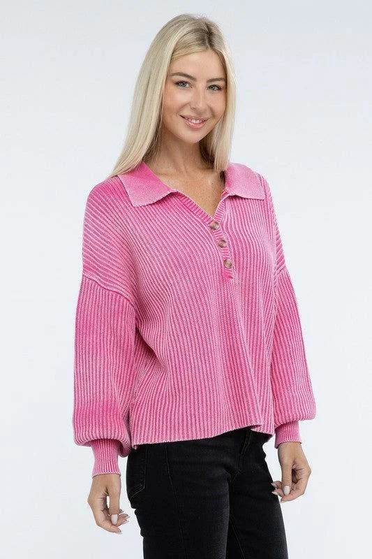 ZENANA Washed Collared Henley Sweater Collared Crew Neck Turtle Neck