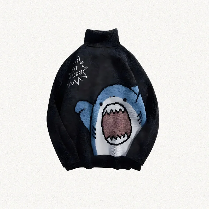 Funny Shark Knitted Sweater Collared Crew Neck Turtle Neck