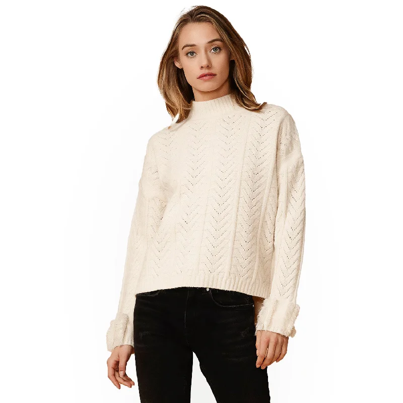 Women's Turtle Neck Fringe Sweater in Natural Ribbed Striped Patterned