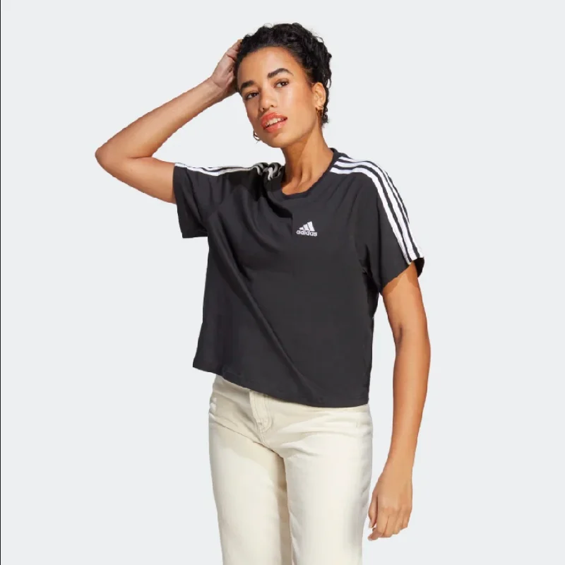 Adidas maglietta manica corta da donna con 3 strisce Essential Single Jersey Crop HR4913 nero-bianco