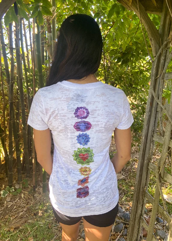 Heart Chakra on front with Full Chakra Back on Boat Neck Burnout Crew