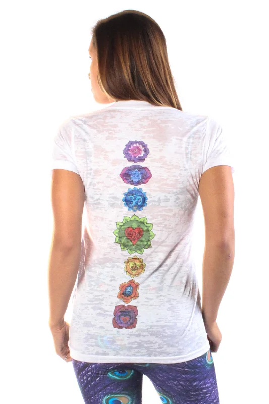 Heart Chakra on front with Full Chakra Back on Boat Neck Burnout Crew