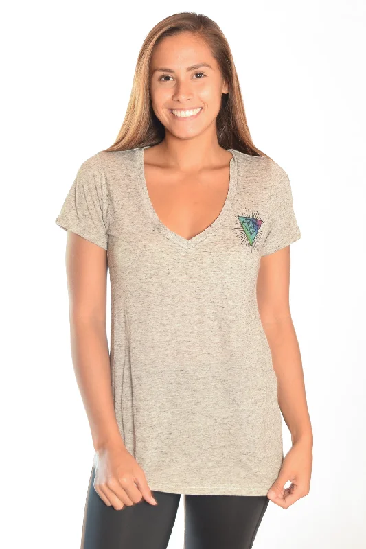 Light Heather Gray V-Neck with Rainbow Crystal Vibration Ganesh Logo