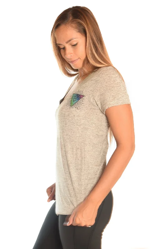 Light Heather Gray V-Neck with Rainbow Crystal Vibration Ganesh Logo