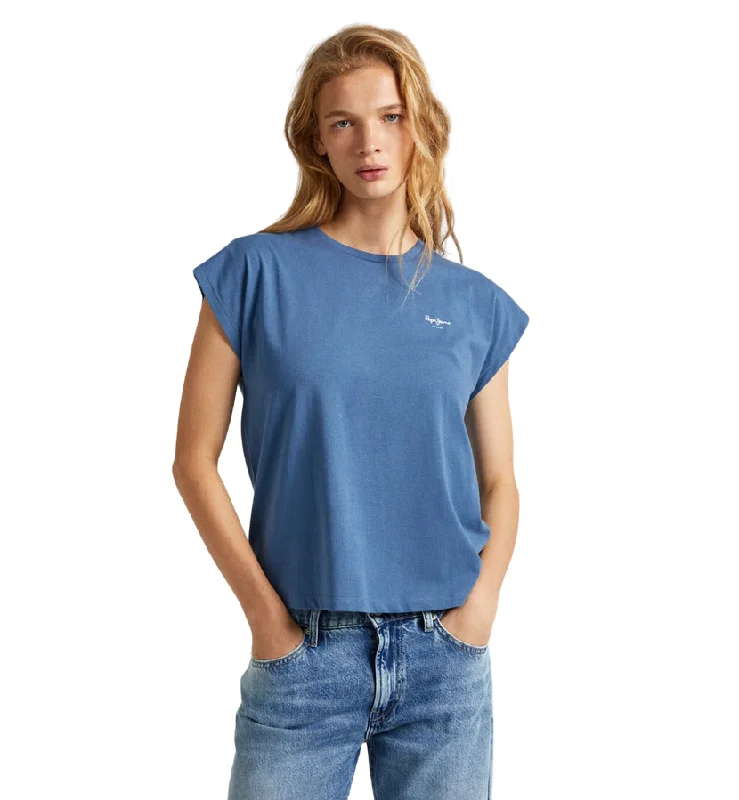 Pepe Jeans maglietta manica corta da donna con logo stampato Lory PL505853 553 blu