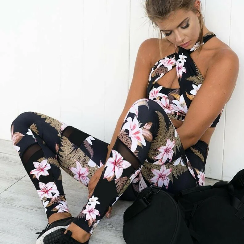 2 Pcs Women Yoga Set Floral Print Workout Suit High Waist Pants+Sexy Halter Bra Gym Fitness Custome Female Tracksuit