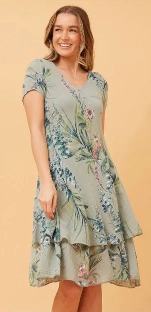 Ellie Khaki Floral Double Layered Dress