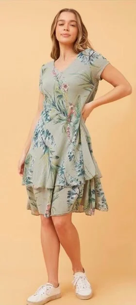 Ellie Khaki Floral Double Layered Dress