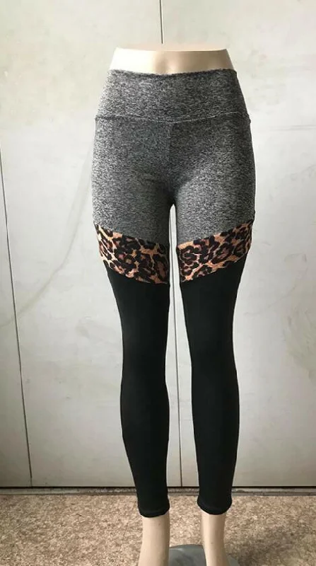 Leopard-print Splicing Stretch Pants High-rise Sports Yoga Pants