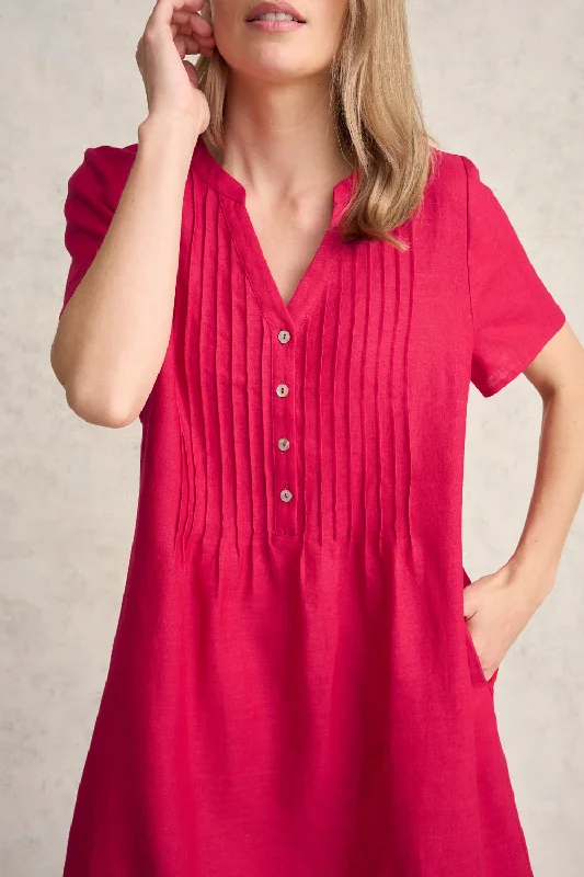 Pleated Front French Linen Dress - Rouge