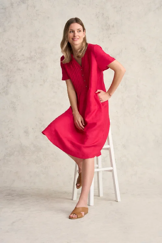 Pleated Front French Linen Dress - Rouge