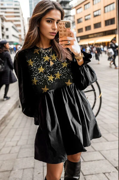 Star Sequin Round Neck Flounce Sleeve Mini Dress