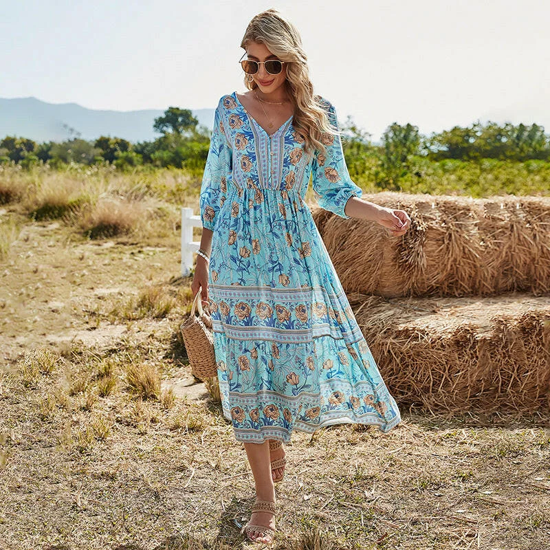 V-Neck High Waist Bohemian Mid-Length Dress