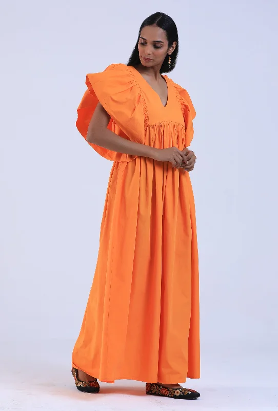 Women Orange Cotton V-Neck Ruffle Sleeve Dresses