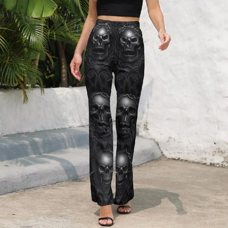 Women's Black Skulls Elastic Waist Flared Pants