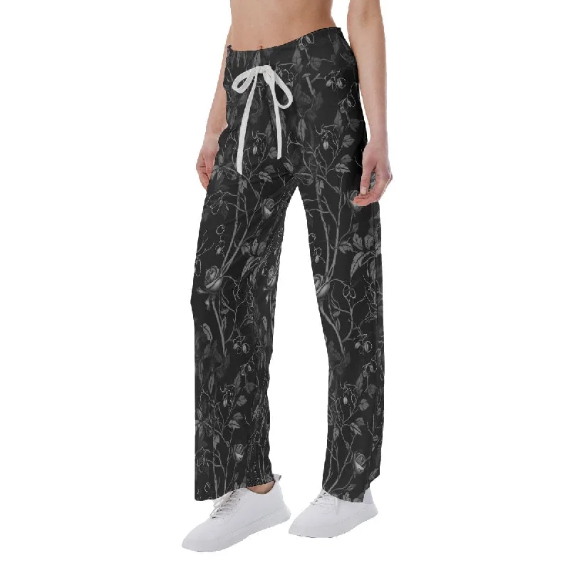 Women's Gothic Floral Black High-waisted Straight-leg Trousers