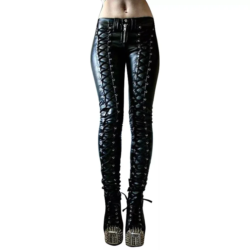 Women's Retro Steampunk Rivet Zipper Lace up Gothic Pants