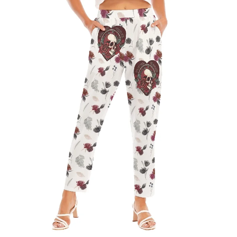 Women's Skull Heart Red Roses Loose Straight-leg Pants