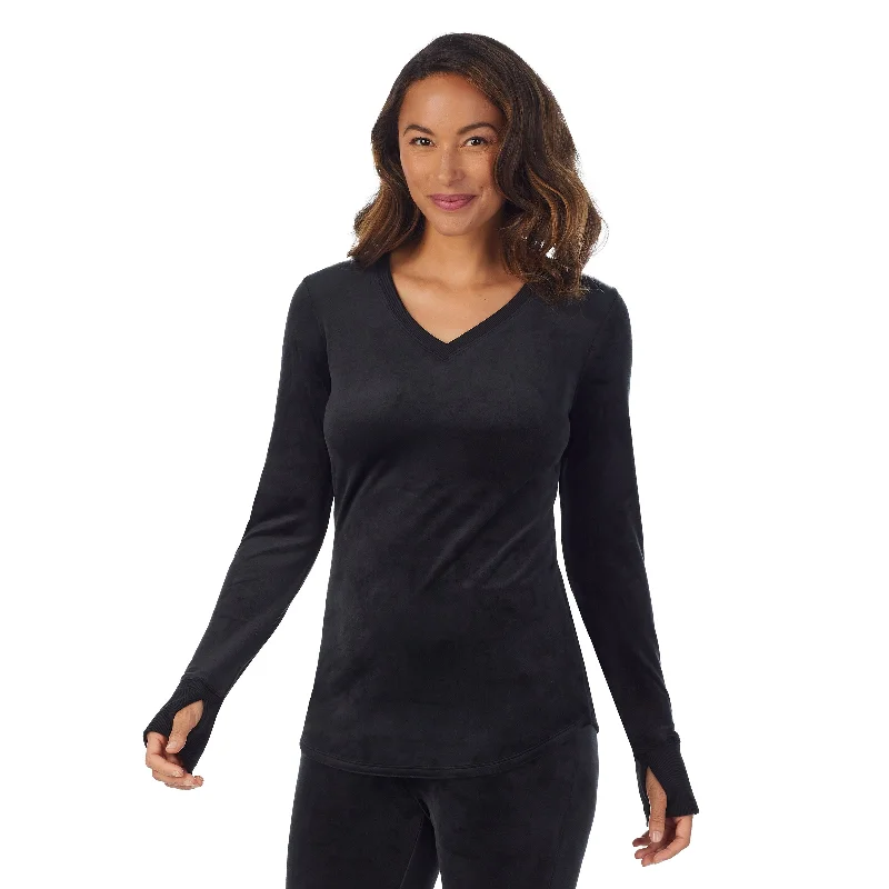 Stretch Velour Long Sleeve V-Neck