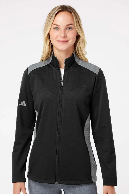 Adidas Womens Textured Mixed Media Full Zip Jacket - Black/Grey - NEW