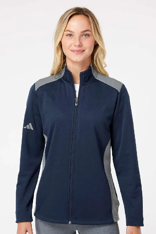 Adidas Womens Textured Mixed Media Full Zip Jacket - Collegiate Navy Blue/Grey - NEW