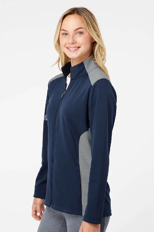 Adidas Womens Textured Mixed Media Full Zip Jacket - Collegiate Navy Blue/Grey - NEW