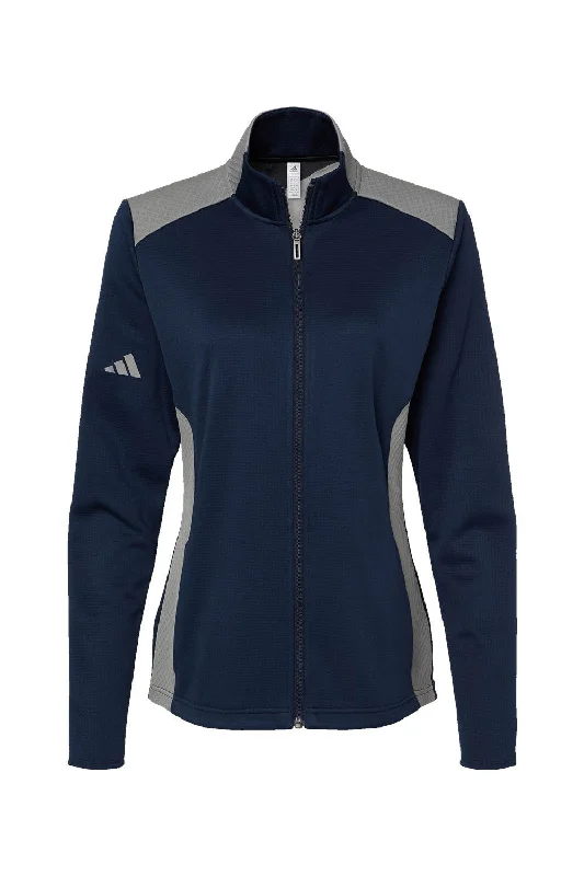 Adidas Womens Textured Mixed Media Full Zip Jacket - Collegiate Navy Blue/Grey - NEW