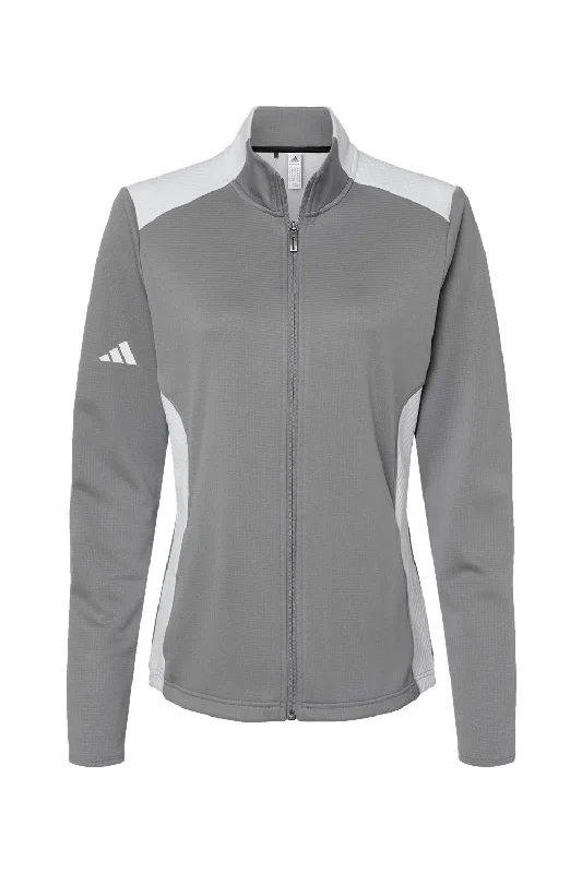 Adidas Womens Textured Mixed Media Full Zip Jacket - Grey/White - NEW