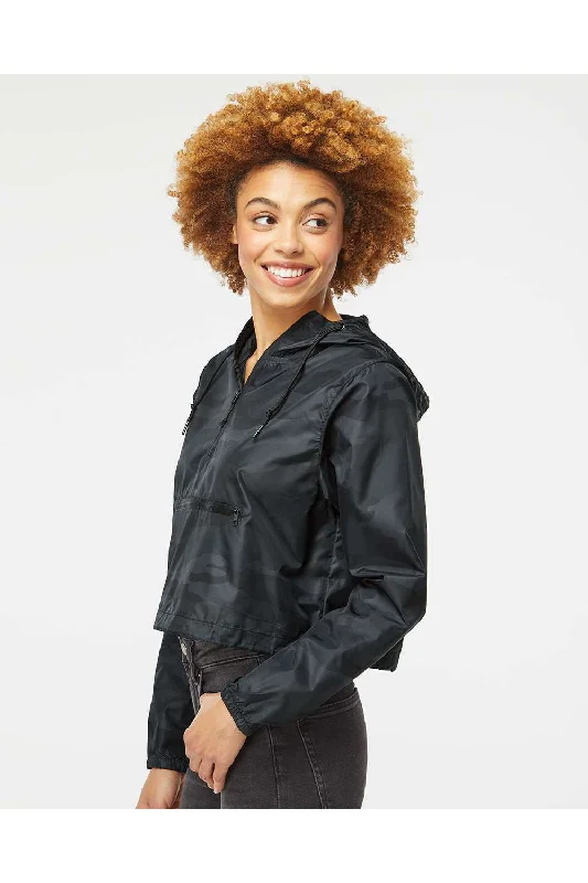 Independent Trading Co. Womens Water Resistant 1/4 Zip Crop Hooded Windbreaker Jacket - Black Camo - NEW