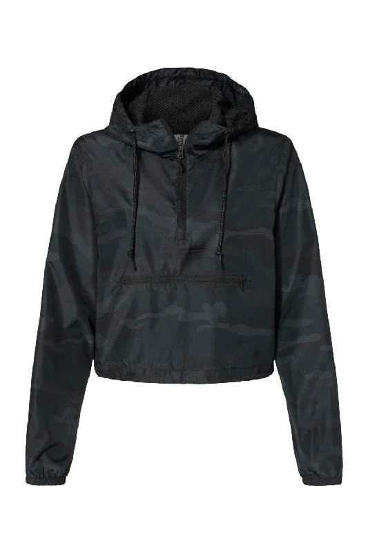 Independent Trading Co. Womens Water Resistant 1/4 Zip Crop Hooded Windbreaker Jacket - Black Camo - NEW