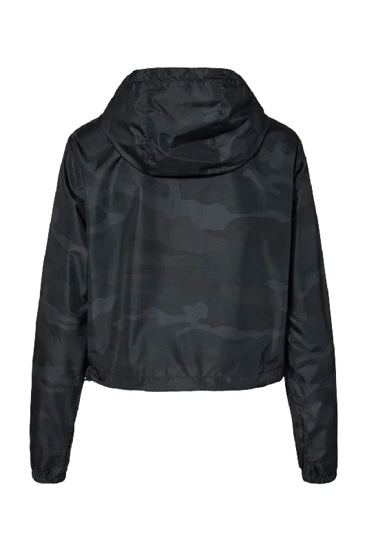 Independent Trading Co. Womens Water Resistant 1/4 Zip Crop Hooded Windbreaker Jacket - Black Camo - NEW