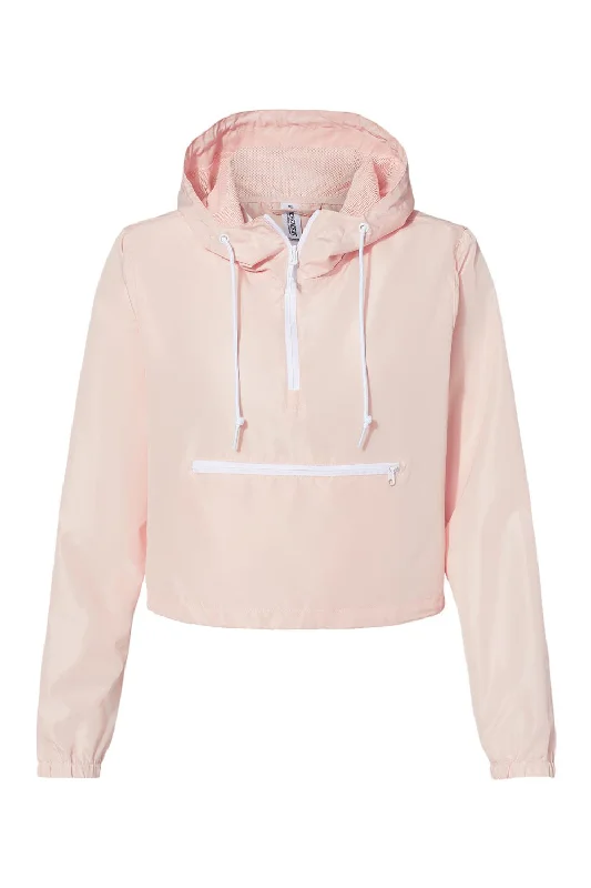 Independent Trading Co. Womens Water Resistant 1/4 Zip Crop Hooded Windbreaker Jacket - Blush Pink - NEW